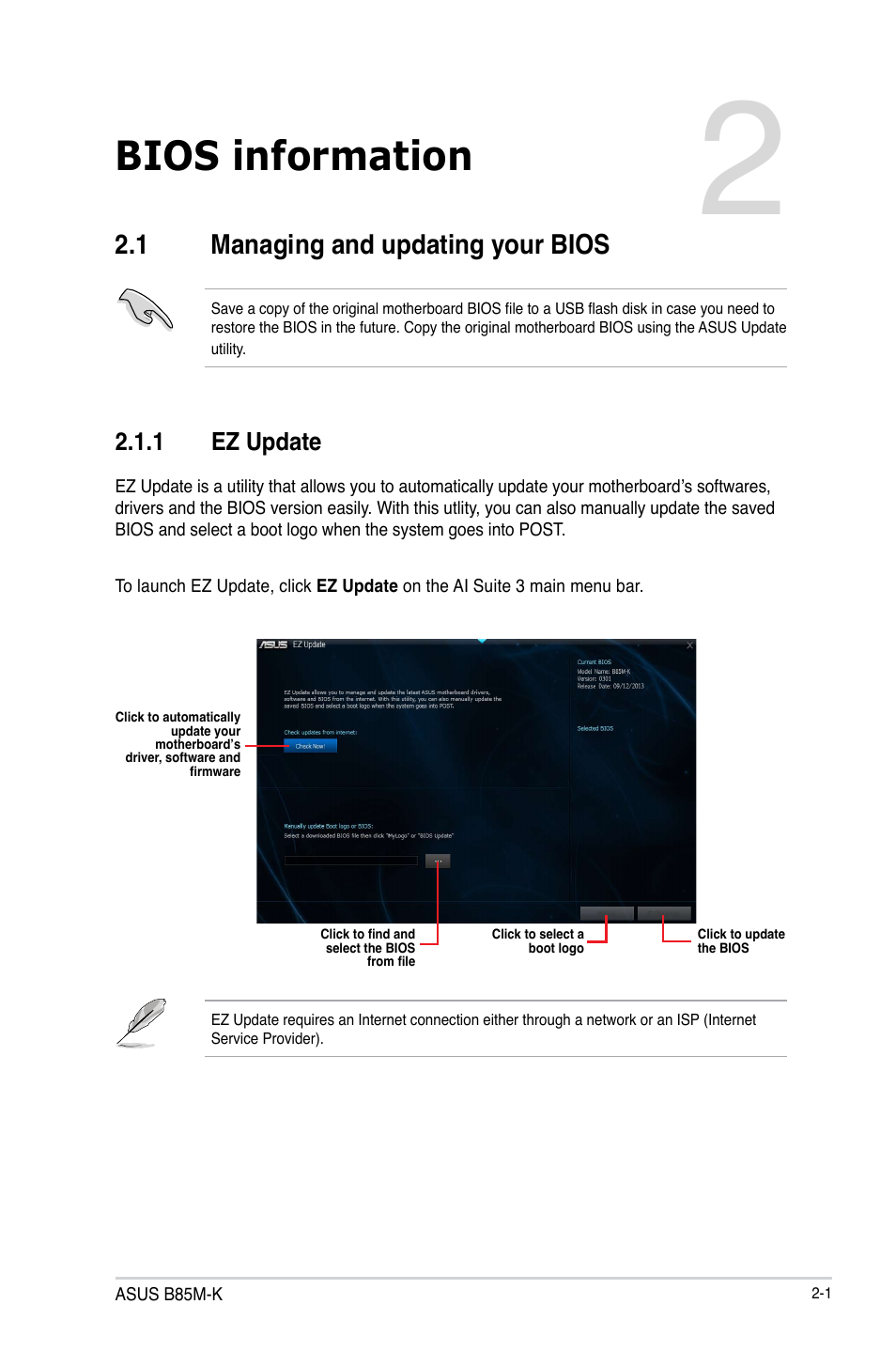 Bios information, 1 managing and updating your bios, 1 managing and updating your bios -1 | Asus B85M-K User Manual | Page 31 / 48