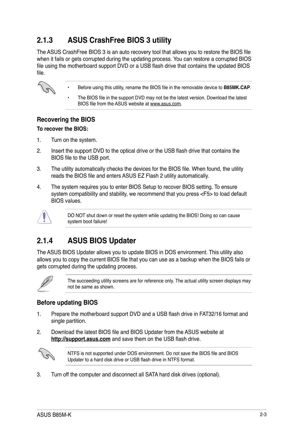 3 asus crashfree bios 3 utility, 4 asus bios updater | Asus B85M-K User Manual | Page 33 / 48