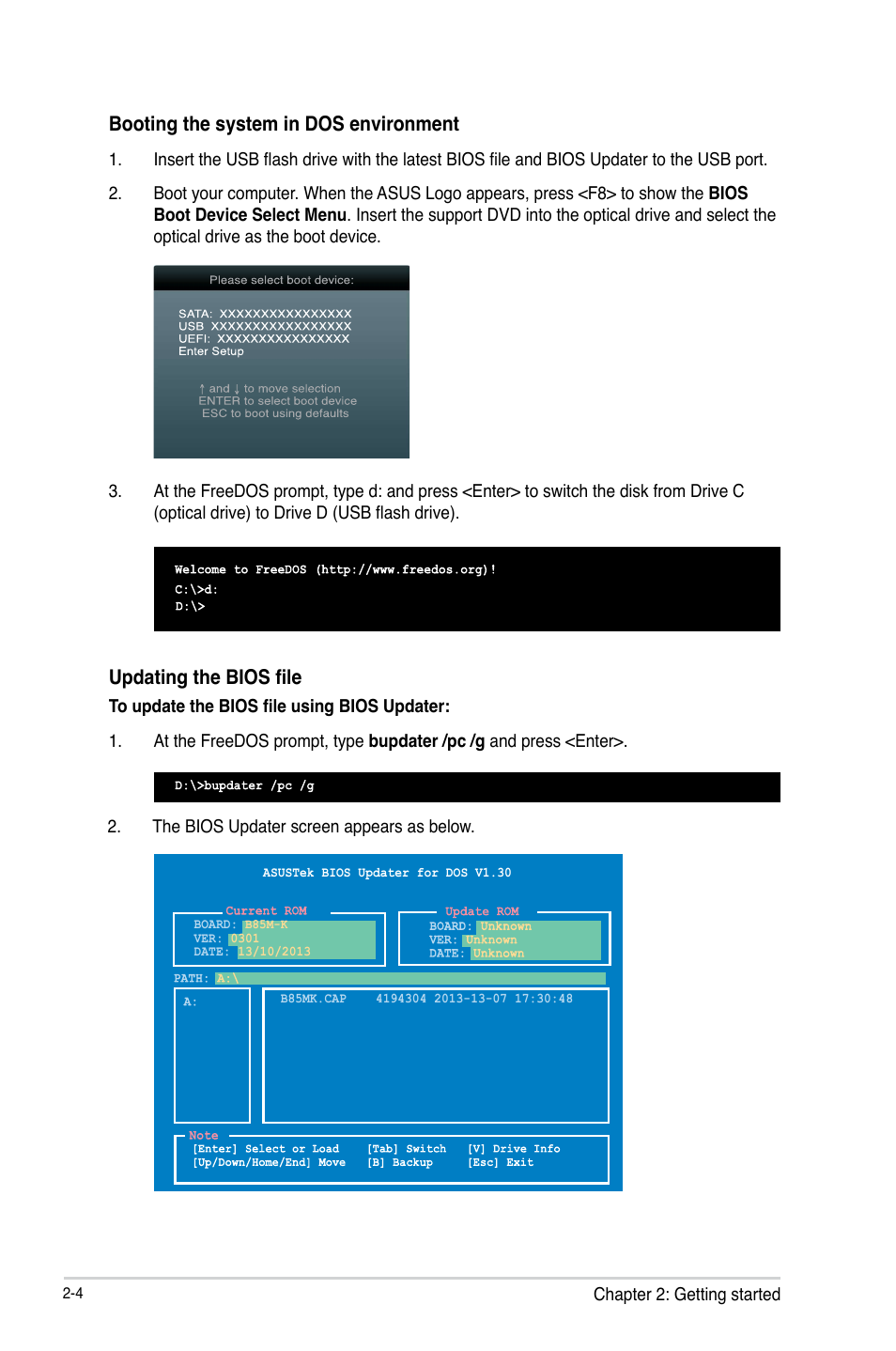 Updating the bios file, Booting the system in dos environment | Asus B85M-K User Manual | Page 34 / 48