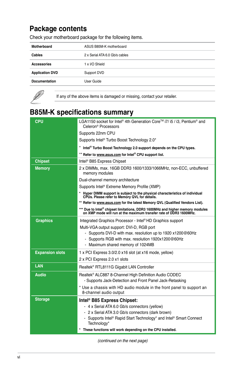 Package contents, B85m-k specifications summary, Intel | B85 express chipset | Asus B85M-K User Manual | Page 6 / 48