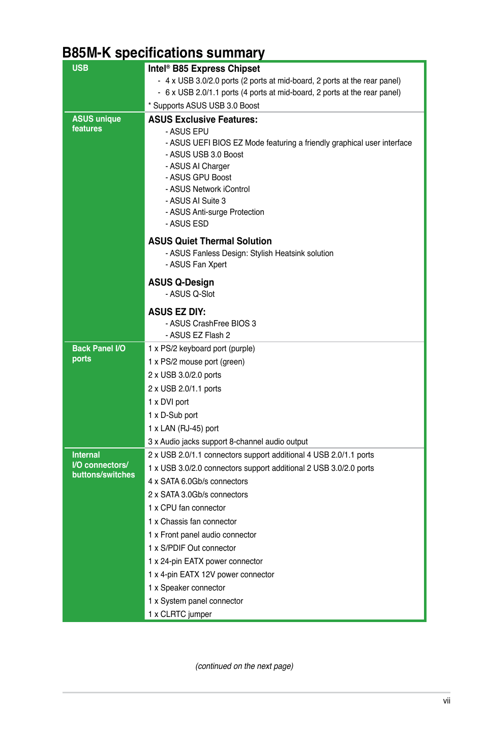 B85m-k specifications summary | Asus B85M-K User Manual | Page 7 / 48