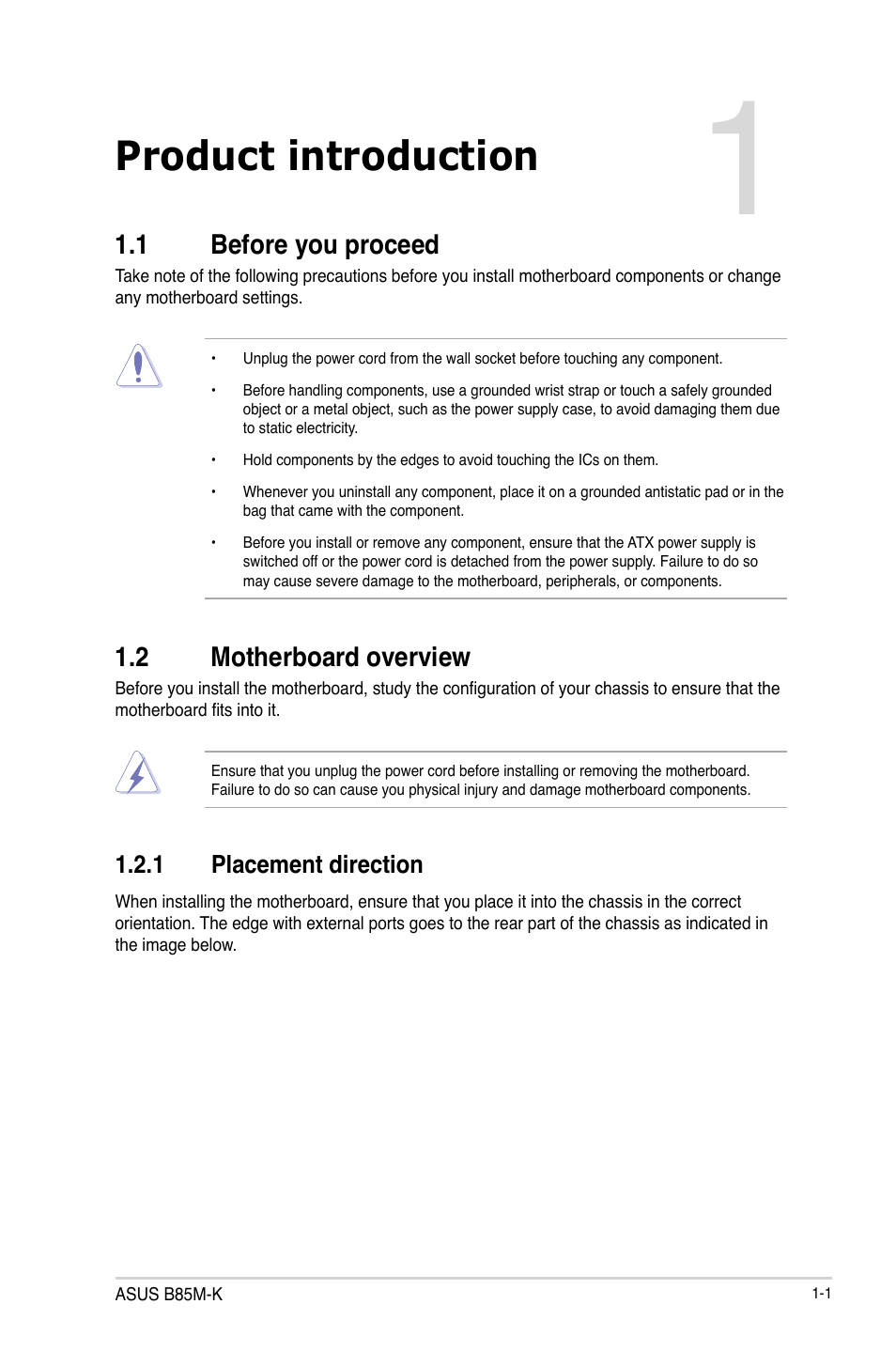 Product introduction, 1 before you proceed, 2 motherboard overview | Asus B85M-K User Manual | Page 9 / 48
