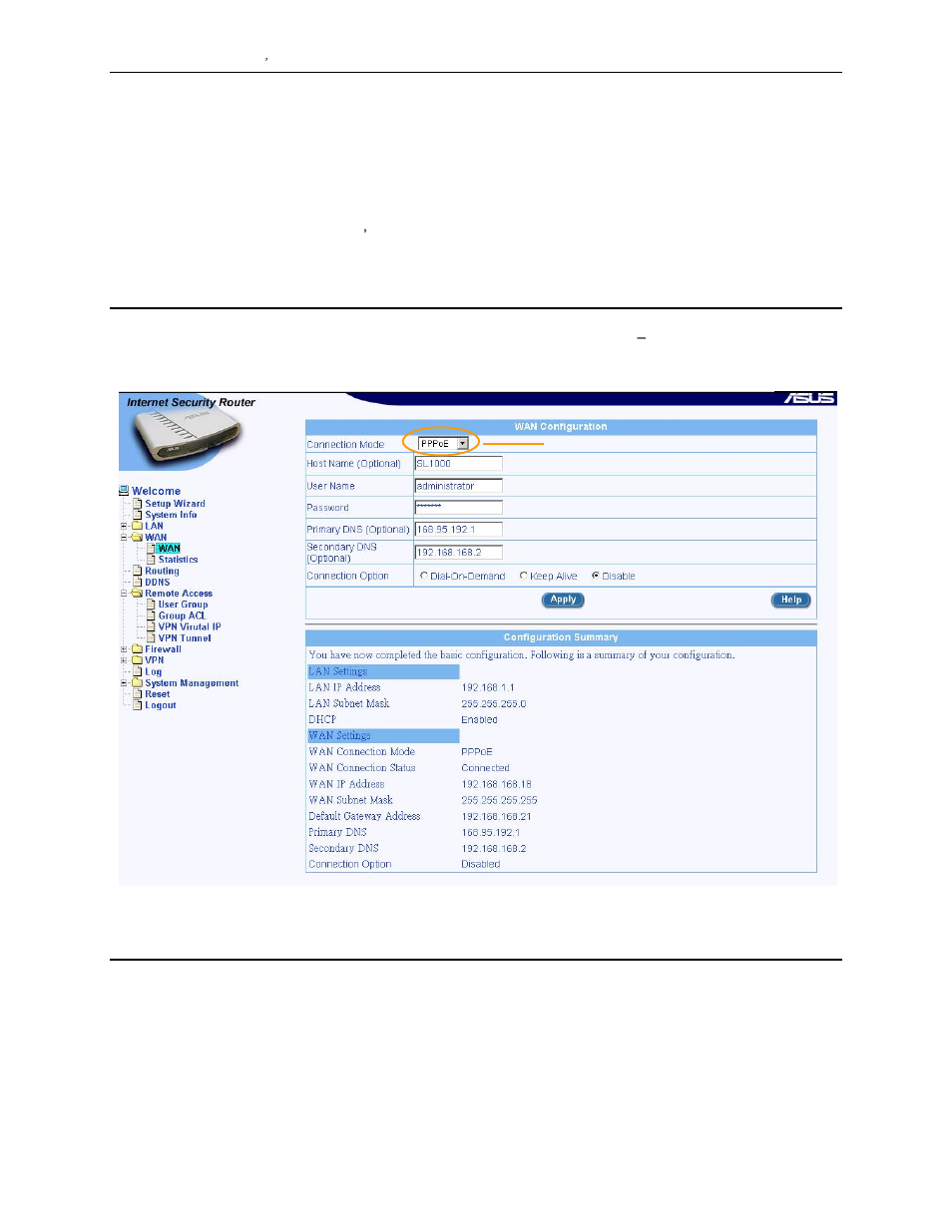 Configuring wan settings, 1 wan connection mode, 2 pppoe | 1 wan pppoe configuration parameters | Asus SL1000 User Manual | Page 47 / 167