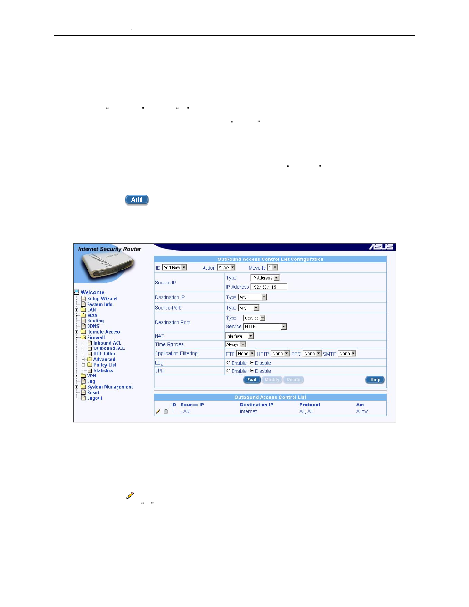 3 add an outbound acl rule, 4 modify outbound acl rules | Asus SL1000 User Manual | Page 73 / 167