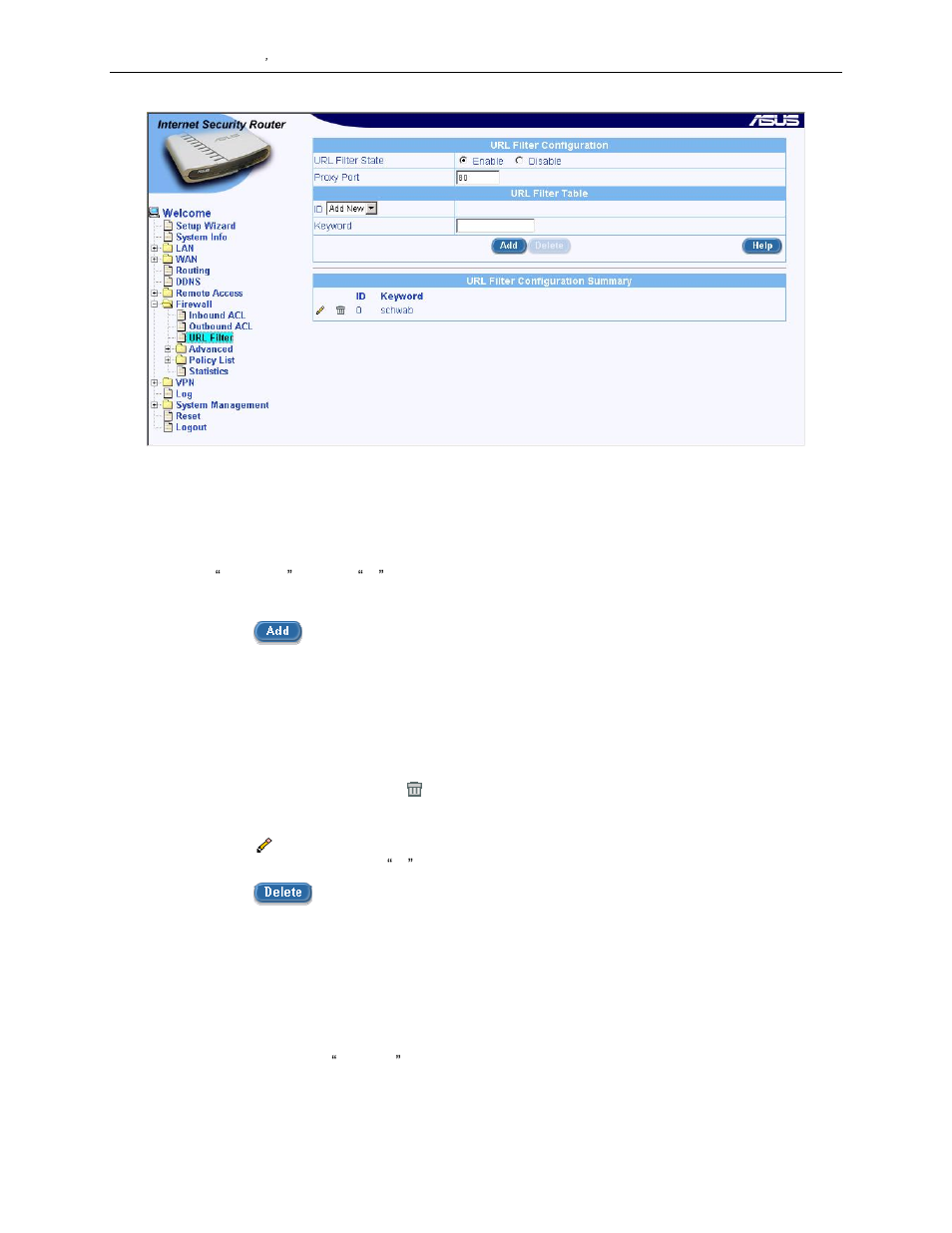 3 add an url filter rule, 4 modify an url filter rule, 5 delete an url filter rule | 6 view configured url filter rules, 7 url filter rule example | Asus SL1000 User Manual | Page 75 / 167