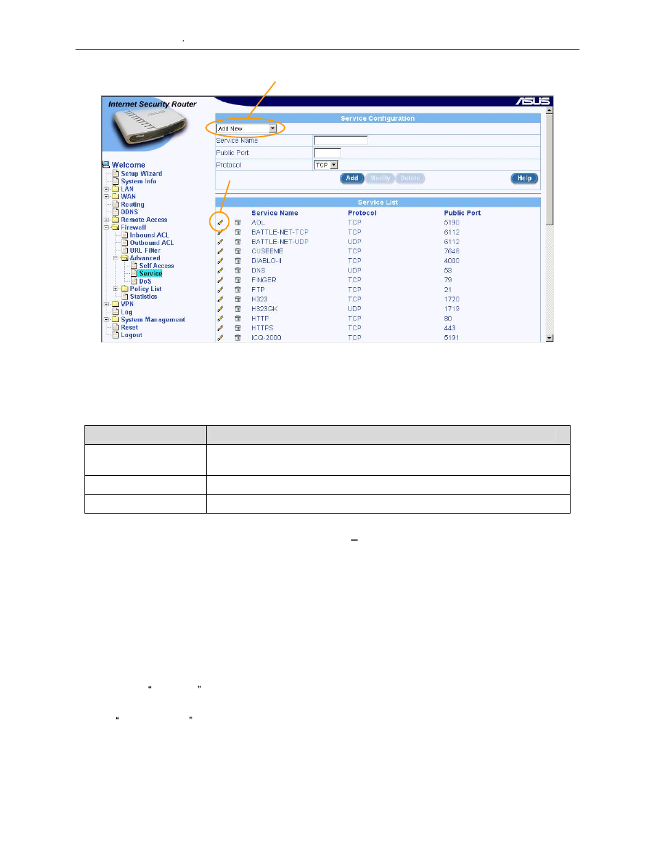 1 service list configuration parameters, 3 add a service | Asus SL1000 User Manual | Page 79 / 167