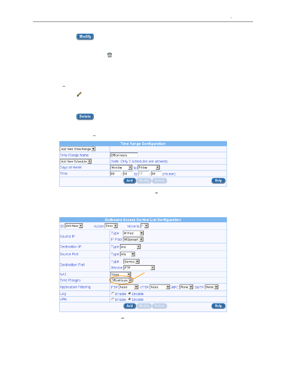 5 delete a time range, 6 delete a schedule in a time range, 7 time range example | Asus SL1000 User Manual | Page 98 / 167