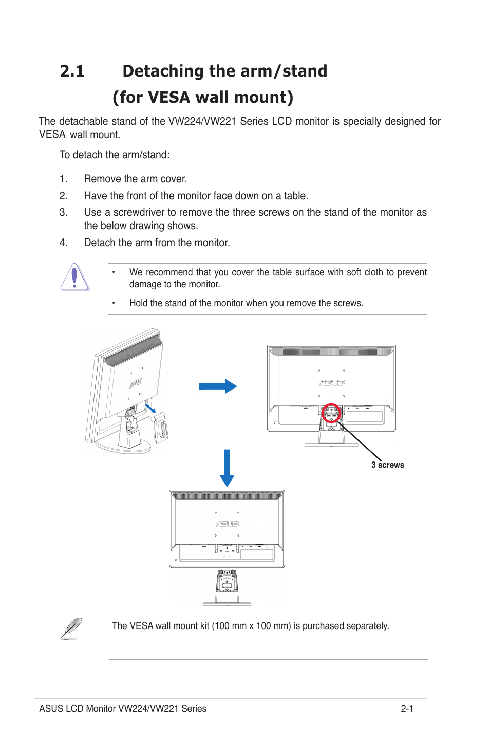 1 detaching the arm/stand (for vesa wall mount) | Asus VW224U User Manual | Page 13 / 21