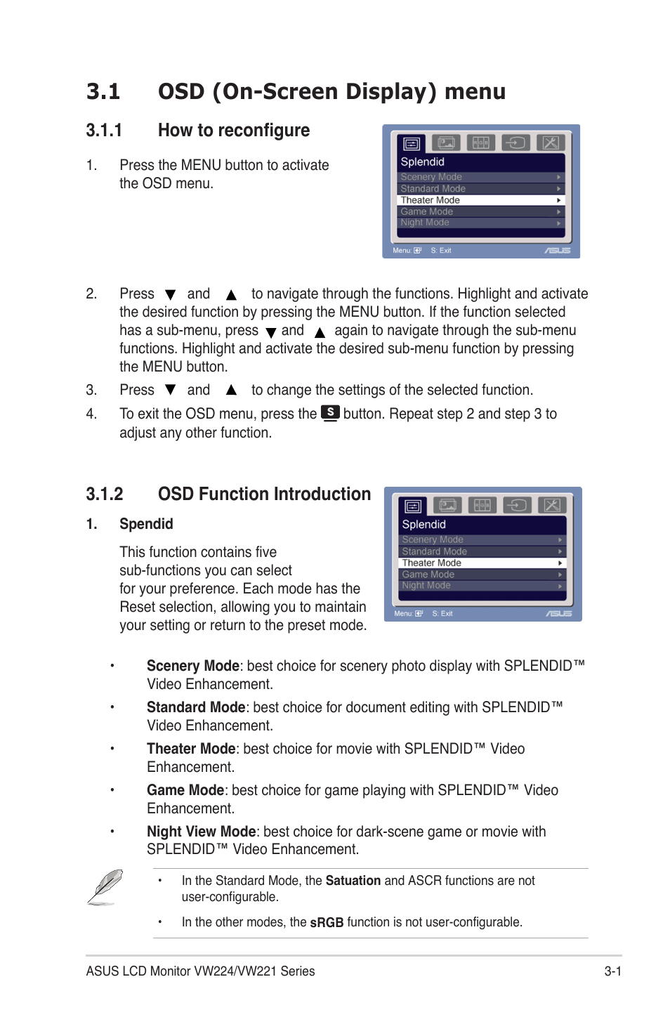 1 osd (on-screen display) menu, 1 how to reconfigure, 2 osd function introduction | Asus VW224U User Manual | Page 15 / 21