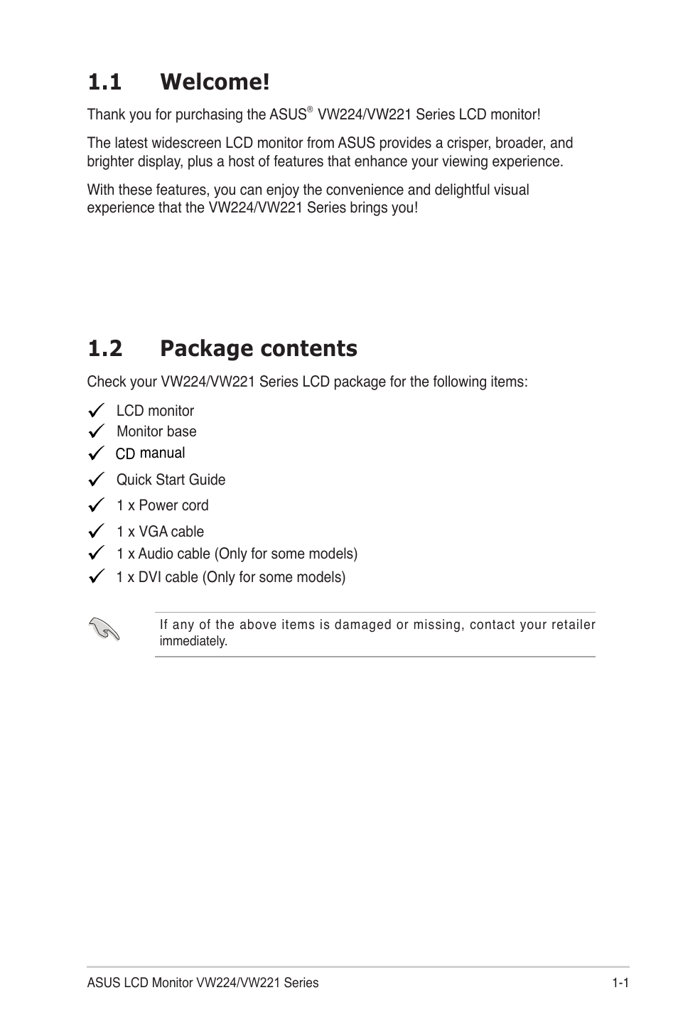 1 welcome, 2 package contents | Asus VW224U User Manual | Page 7 / 21