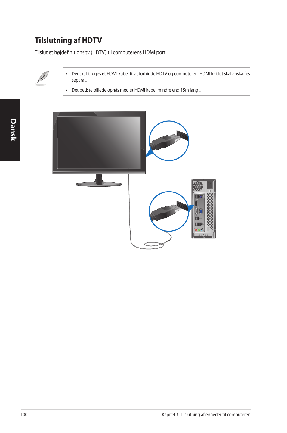 Tilslutning af hdtv, Tilslutning.af.hdtv, Dansk | Asus CP3130 User Manual | Page 102 / 342