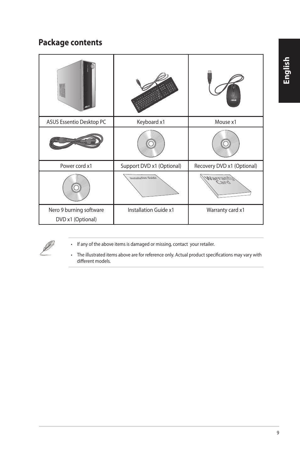 Package contents, Package.contents, English | Asus CP3130 User Manual | Page 11 / 342