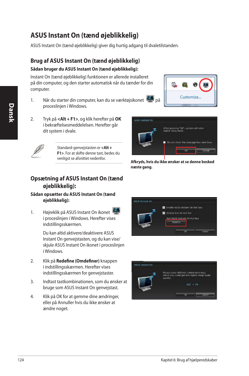 Asus instant on (tænd øjeblikkelig), Asus.instant.on.(tænd.øjeblikkelig), Dansk | Brug.af.asus.instant.on.(tænd.øjeblikkelig), Opsætning.af.asus.instant.on.(tænd. øjeblikkelig) | Asus CP3130 User Manual | Page 126 / 342