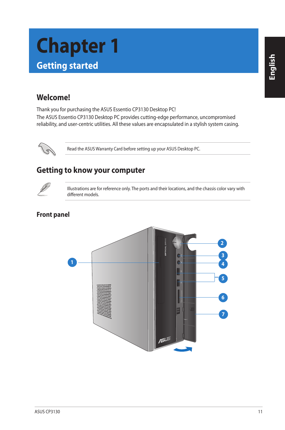 Chapter 1, Getting started, Welcome | Getting to know your computer, Chapter.1, Getting.started, Welcome! getting to know your computer | Asus CP3130 User Manual | Page 13 / 342