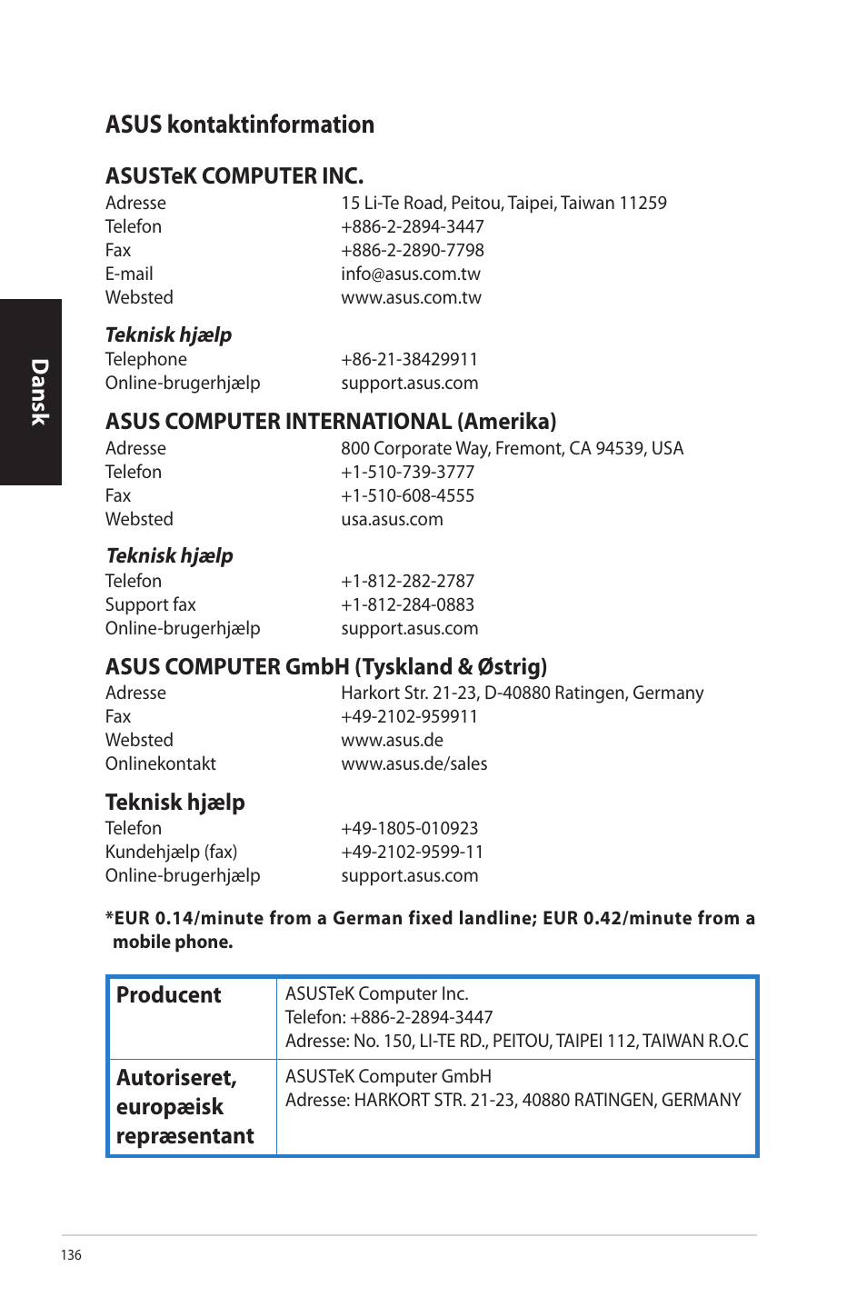 Asus kontaktinformation, Asus kontaktinformation 6, Asus.kontaktinformation | Dansk, Teknisk.hjælp, Producent, Autoriseret,. europæisk. repræsentant | Asus CP3130 User Manual | Page 138 / 342