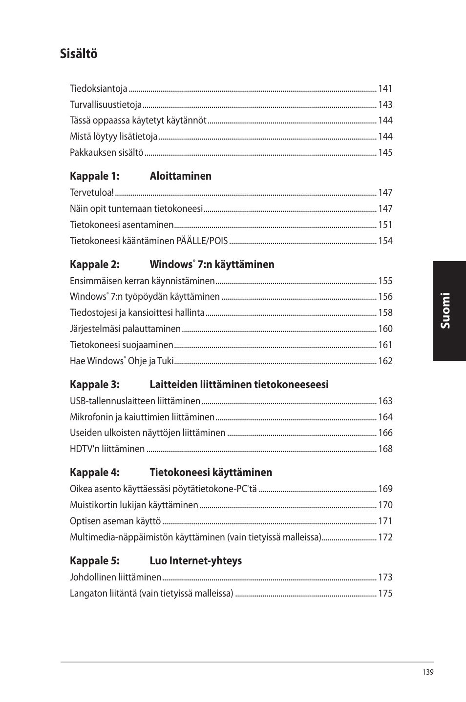 Sisältö, Suomi | Asus CP3130 User Manual | Page 141 / 342