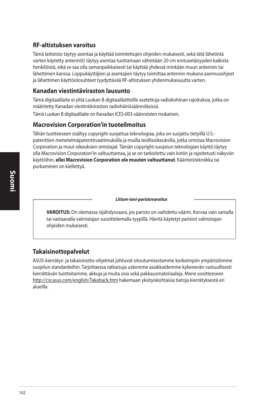 Suomi, Rf-altistuksen.varoitus, Kanadan.viestintäviraston.lausunto | Macrovision.corporation'in.tuoteilmoitus, Takaisinottopalvelut | Asus CP3130 User Manual | Page 144 / 342