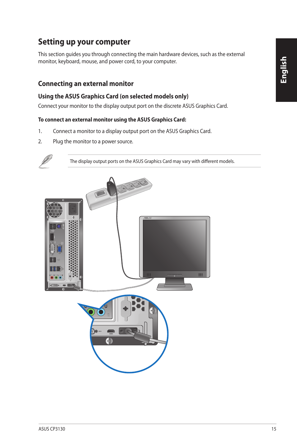 Setting up your computer, English, Connecting.an.external.monitor | Asus CP3130 User Manual | Page 17 / 342