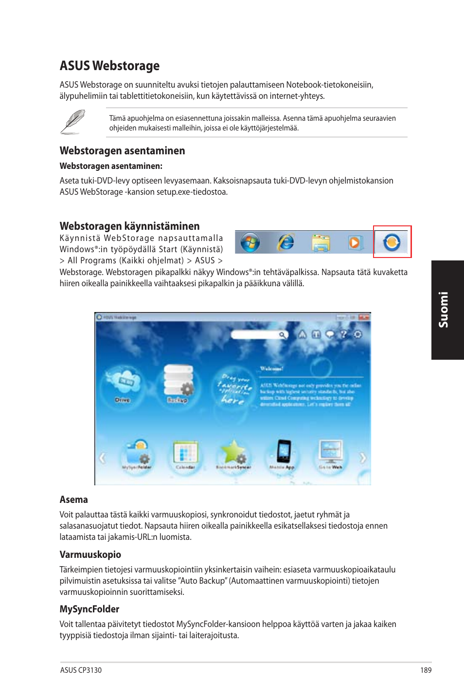 Asus webstorage, Asus.webstorage, Suomi | Webstoragen.asentaminen, Webstoragen.käynnistäminen | Asus CP3130 User Manual | Page 191 / 342