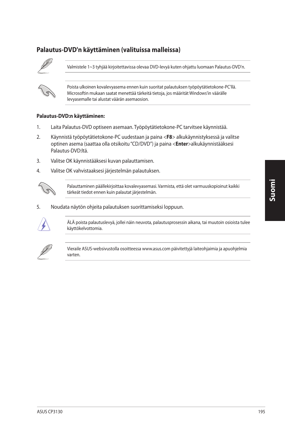 Suomi, Palautus-dvd'n.käyttäminen.(valituissa.malleissa) | Asus CP3130 User Manual | Page 197 / 342