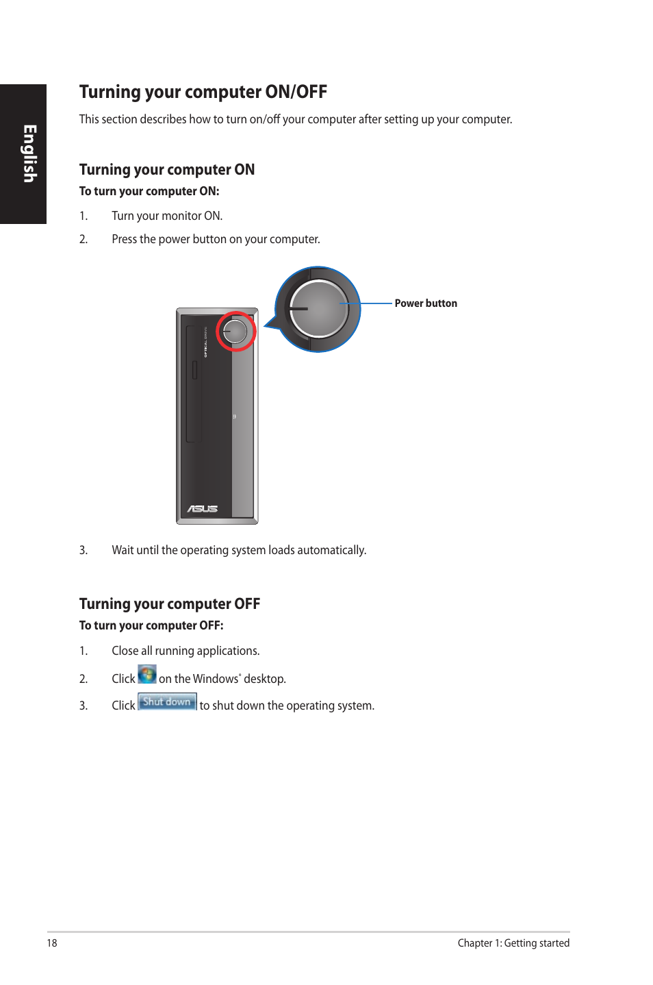 Turning your computer on/off, English | Asus CP3130 User Manual | Page 20 / 342