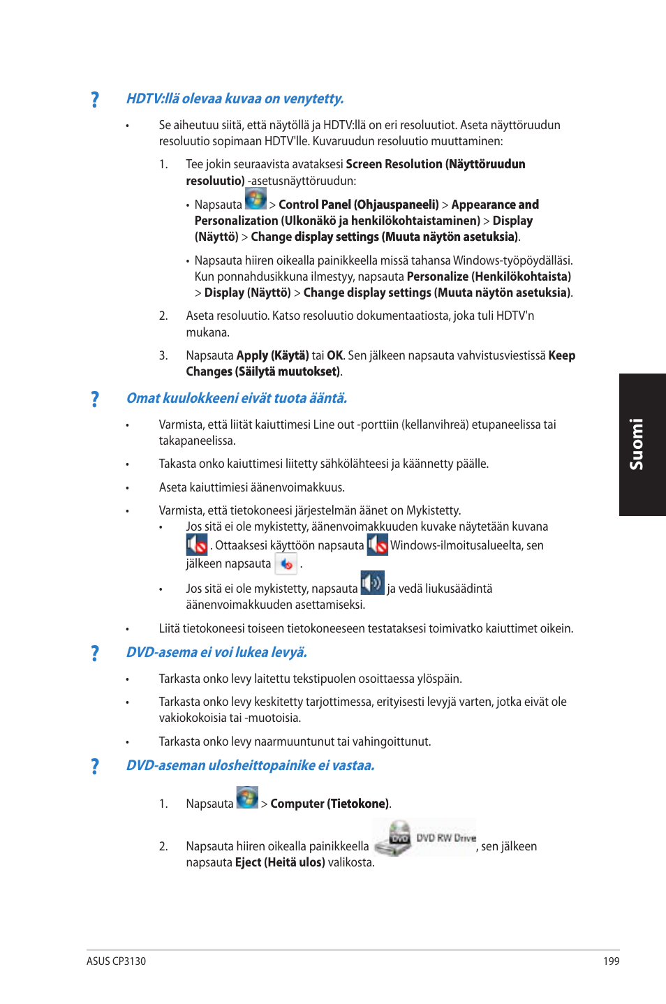 Suomi | Asus CP3130 User Manual | Page 201 / 342