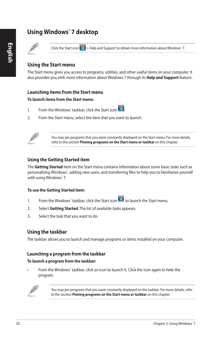 Using windows® 7 desktop, Using windows, Using.windows | Desktop, English, Using.the.start.menu, Using.the.taskbar | Asus CP3130 User Manual | Page 22 / 342