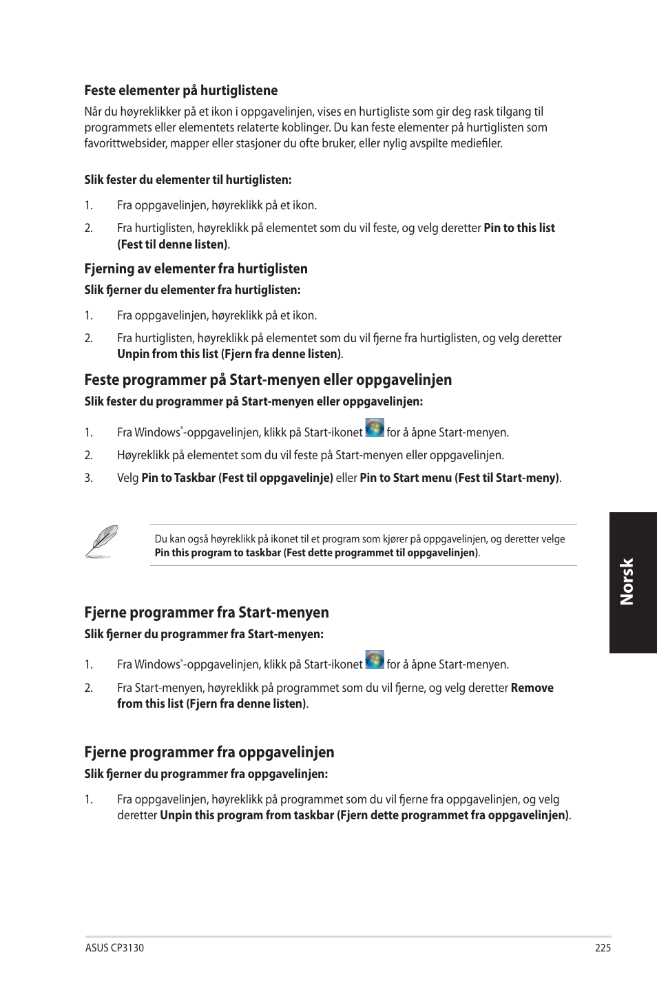 Norsk n orsk, Fjerne.programmer.fra.start-menyen, Fjerne.programmer.fra.oppgavelinjen | Asus CP3130 User Manual | Page 227 / 342