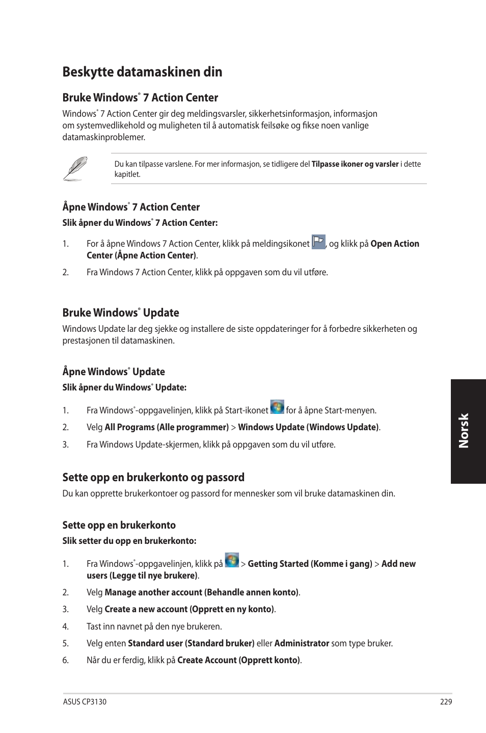 Beskytte datamaskinen din, Beskytte.datamaskinen.din, Norsk n orsk | Bruke.windows, Action.center, Update, Sette.opp.en.brukerkonto.og.passord | Asus CP3130 User Manual | Page 231 / 342