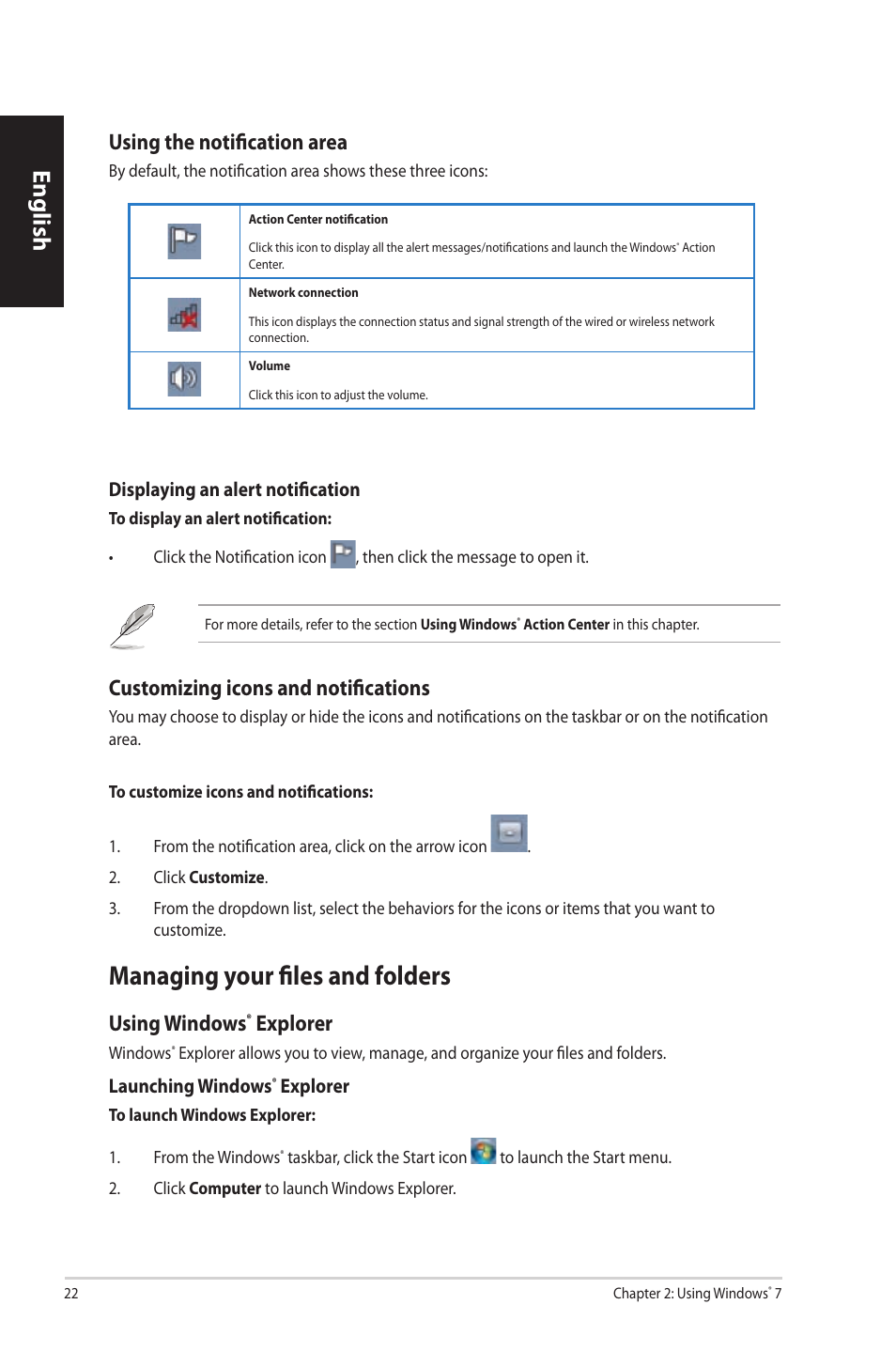 Managing your files and folders, Managing.your.files.and.folders, English | Using.the.notification.area, Customizing.icons.and.notifications, Using.windows, Explorer | Asus CP3130 User Manual | Page 24 / 342