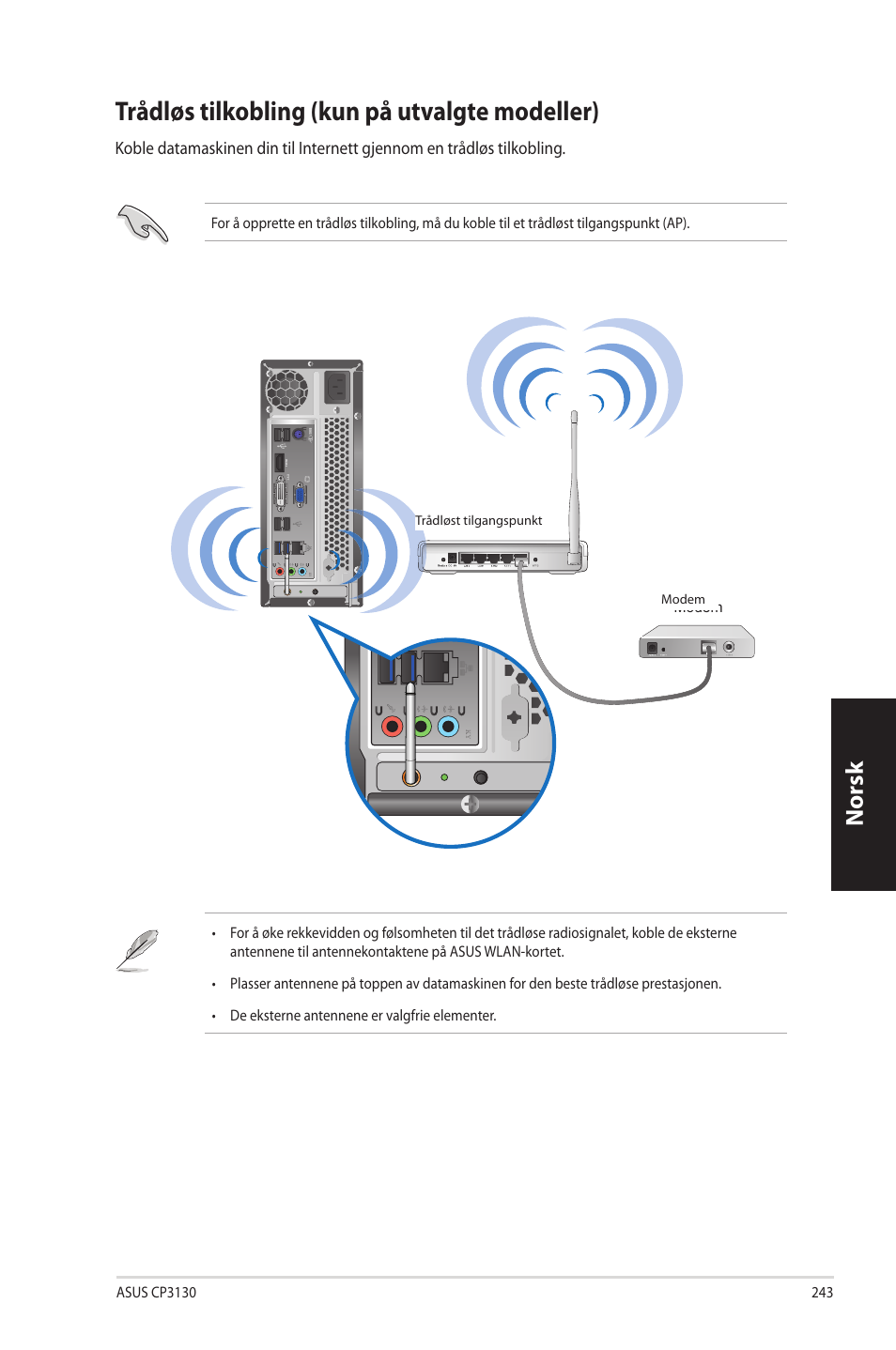 Trådløs tilkobling (kun på utvalgte modeller), Trådløs.tilkobling.(kun.på.utvalgte.modeller), Norsk n orsk | Asus CP3130 User Manual | Page 245 / 342