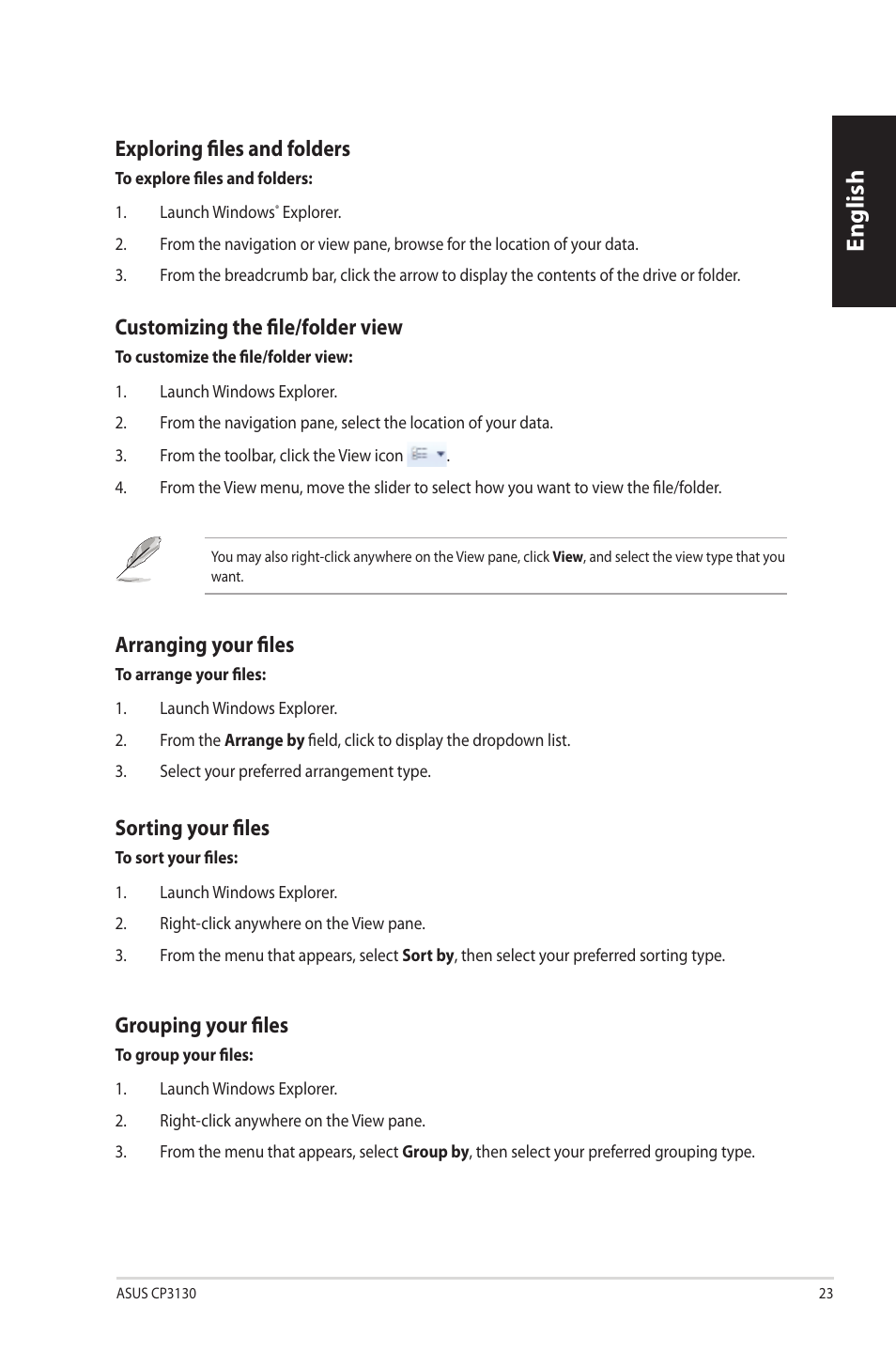 English, Exploring.files.and.folders, Customizing.the.file/folder.view | Arranging.your.files, Sorting.your.files, Grouping.your.files | Asus CP3130 User Manual | Page 25 / 342