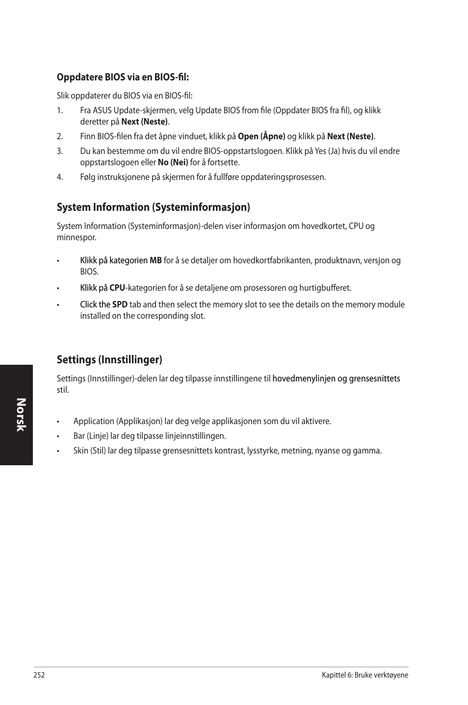 Norsk n orsk n orsk n orsk, Settings.(innstillinger), System.information.(systeminformasjon) | Asus CP3130 User Manual | Page 254 / 342