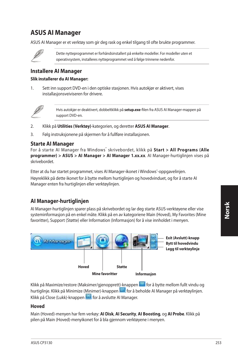 Asus ai manager, Asus.ai.manager, Norsk n orsk | Ai.manager-hurtiglinjen, Installere.ai.manager, Starte.ai.manager | Asus CP3130 User Manual | Page 255 / 342