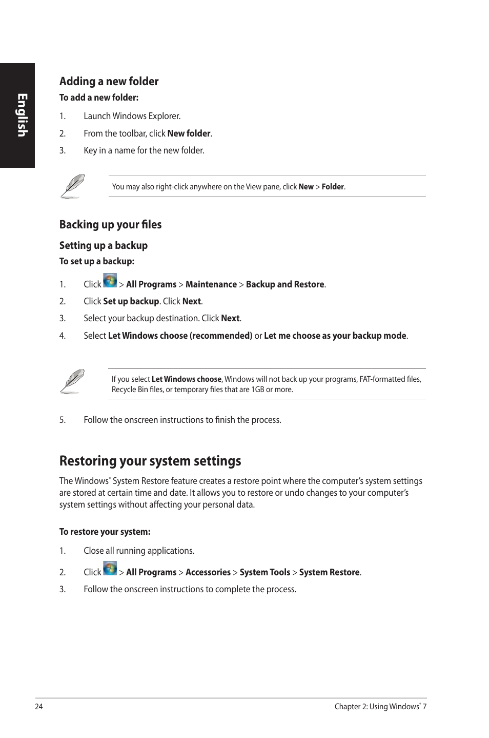 Restoring your system settings, Restoring.your.system.settings, English | Adding.a.new.folder, Backing.up.your.files | Asus CP3130 User Manual | Page 26 / 342