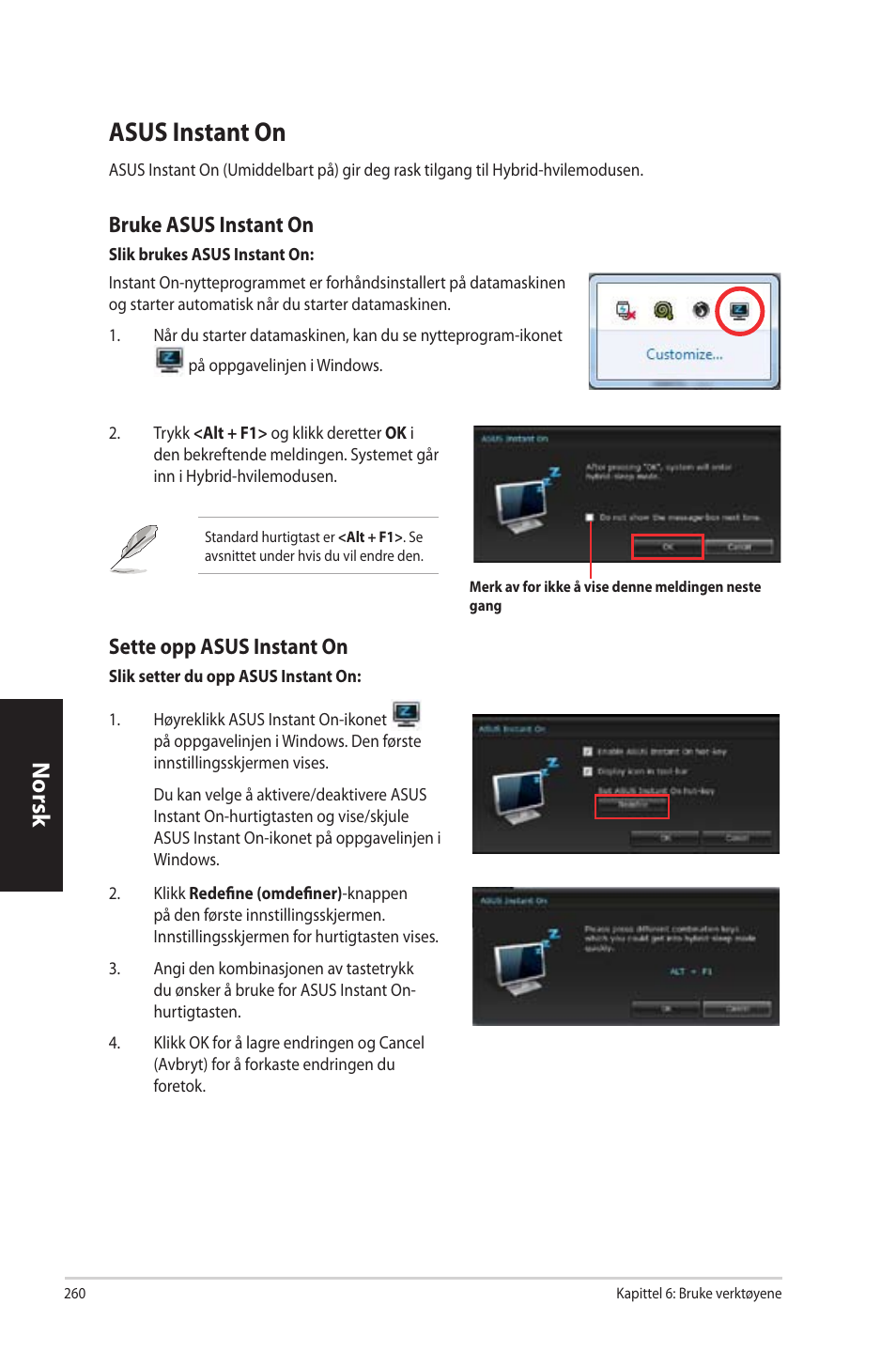 Asus instant on, Asus.instant.on, Norsk n orsk n orsk n orsk | Bruke.asus.instant.on, Sette.opp.asus.instant.on | Asus CP3130 User Manual | Page 262 / 342