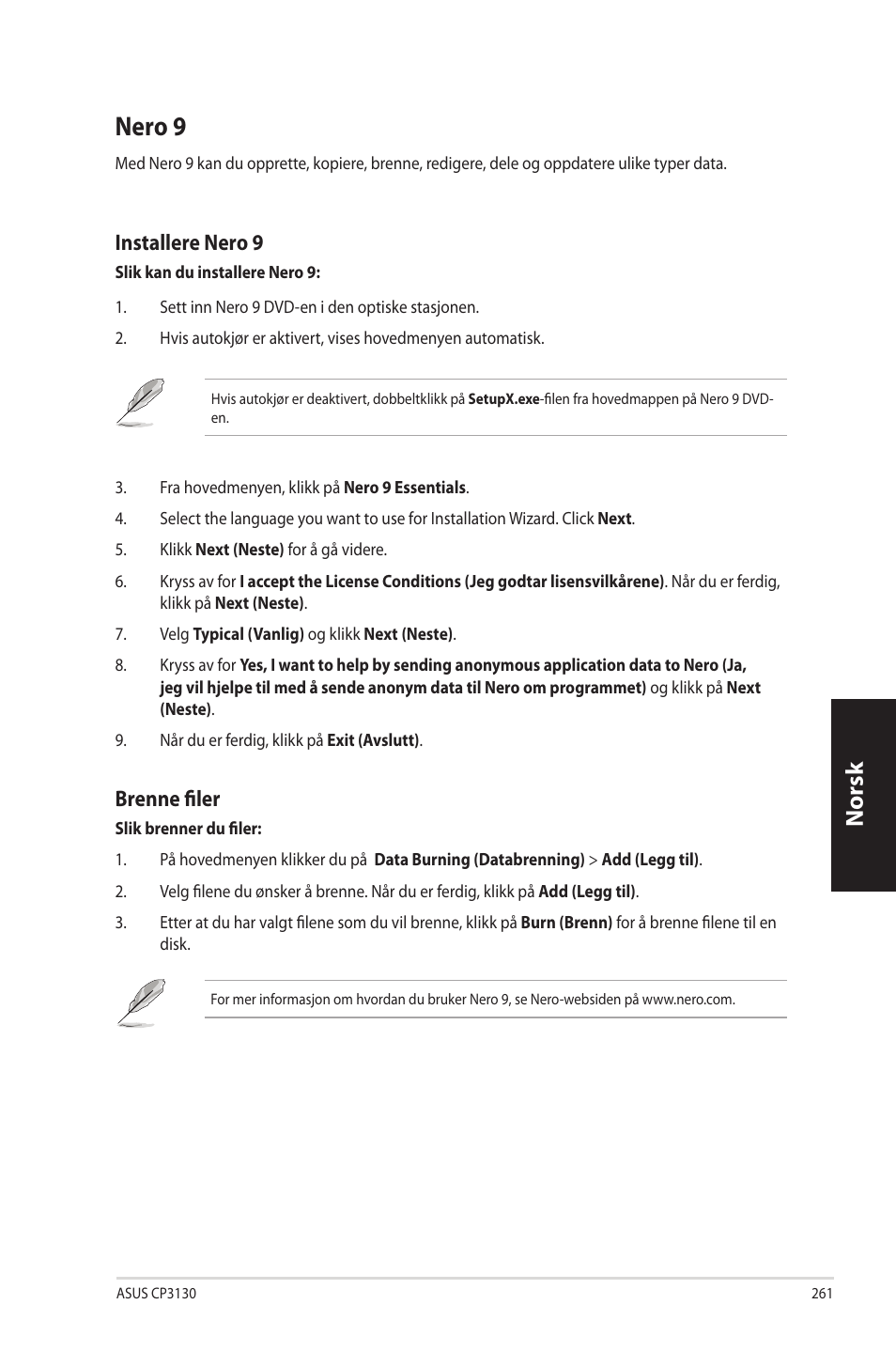 Nero 9, Nero.9, Norsk n orsk | Installere.nero.9, Brenne.filer | Asus CP3130 User Manual | Page 263 / 342