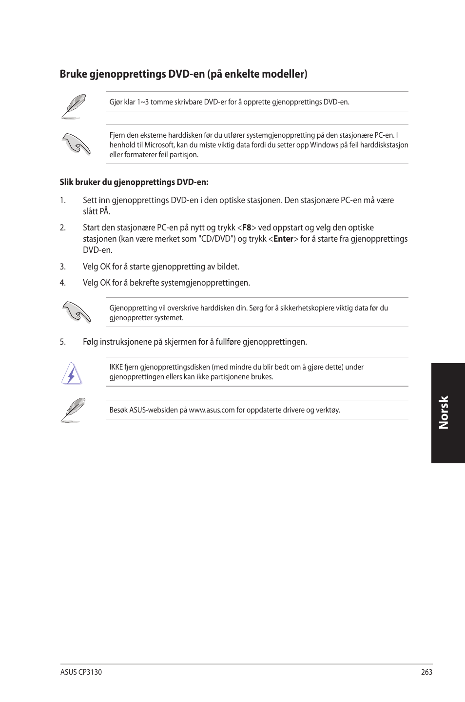 Norsk n orsk, Bruke.gjenopprettings.dvd-en.(på.enkelte.modeller) | Asus CP3130 User Manual | Page 265 / 342