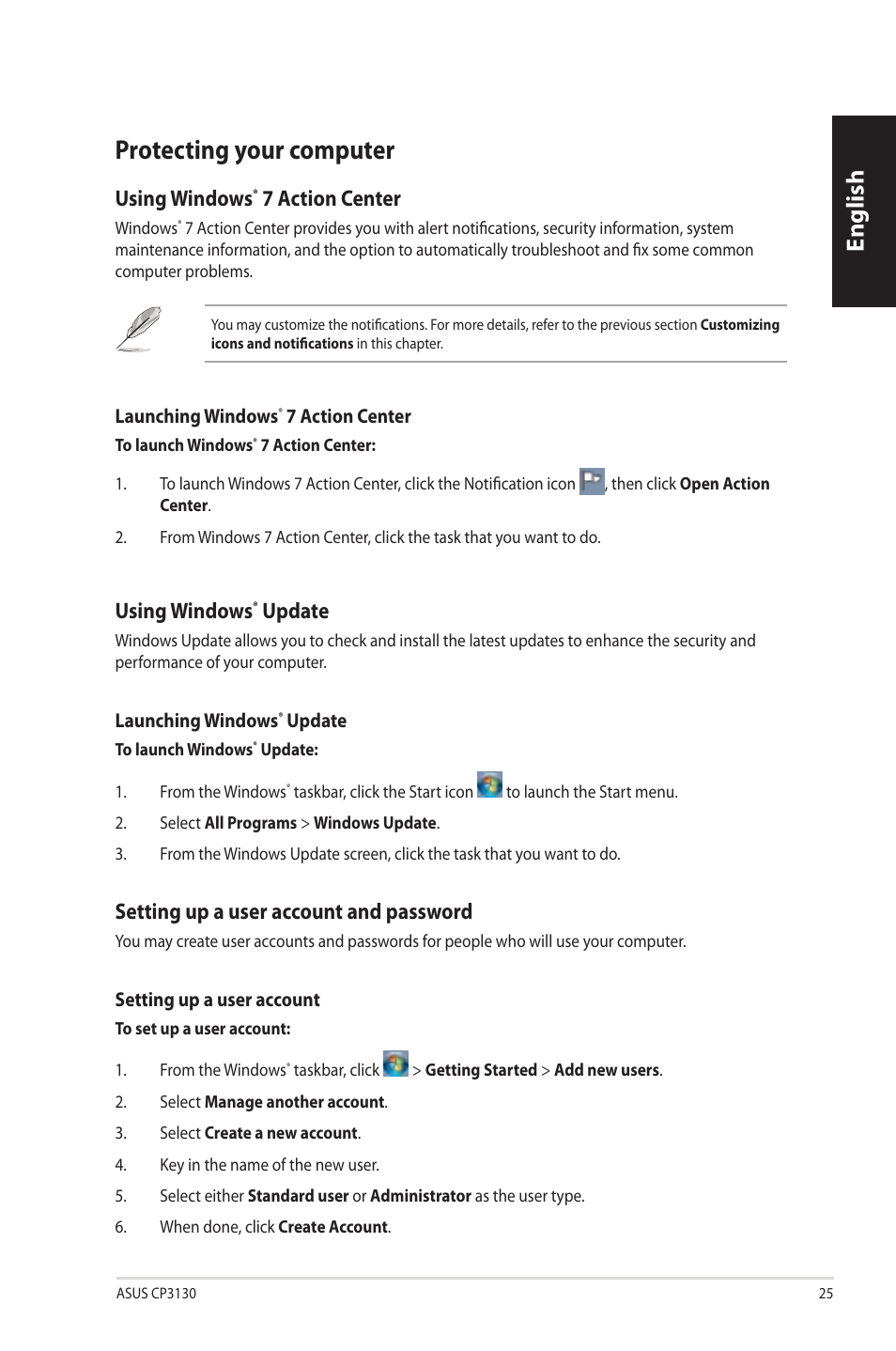 Protecting your computer, English, Using.windows | Action.center, Update | Asus CP3130 User Manual | Page 27 / 342