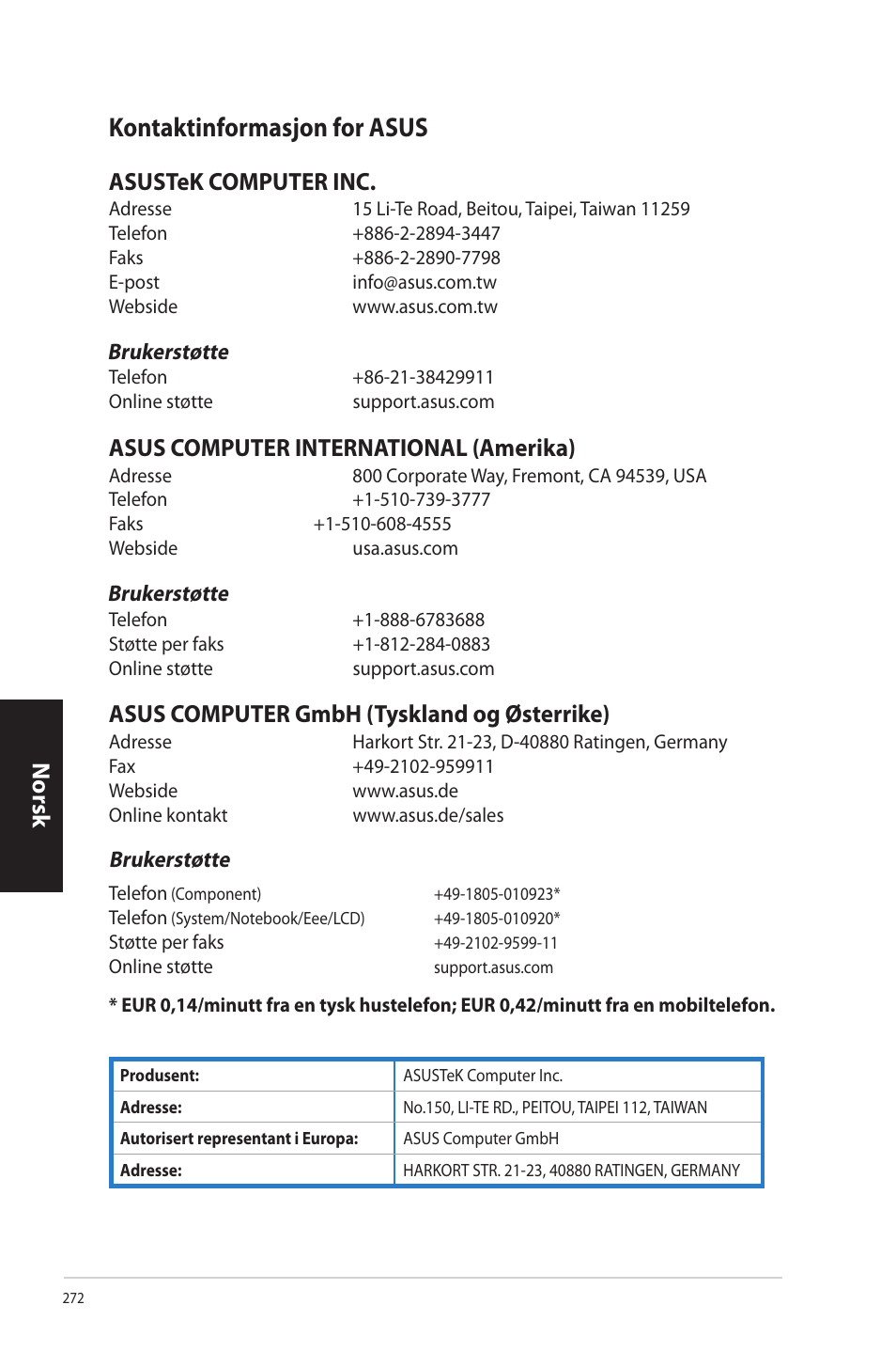 Kontaktinformasjon for asus, Kontaktinformasjon.for.asus, Norsk n orsk | Asus CP3130 User Manual | Page 274 / 342