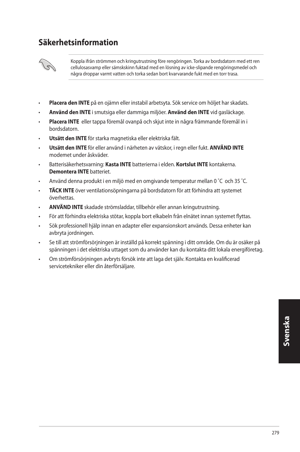 Säkerhetsinformation, Sv ensk a sv ensk a sv ensk a sv ensk a | Asus CP3130 User Manual | Page 281 / 342