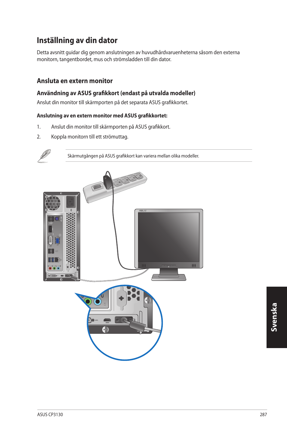 Inställning av din dator, Inställning.av.din.dator, Sv ensk a sv ensk a | Ansluta.en.extern.monitor | Asus CP3130 User Manual | Page 289 / 342