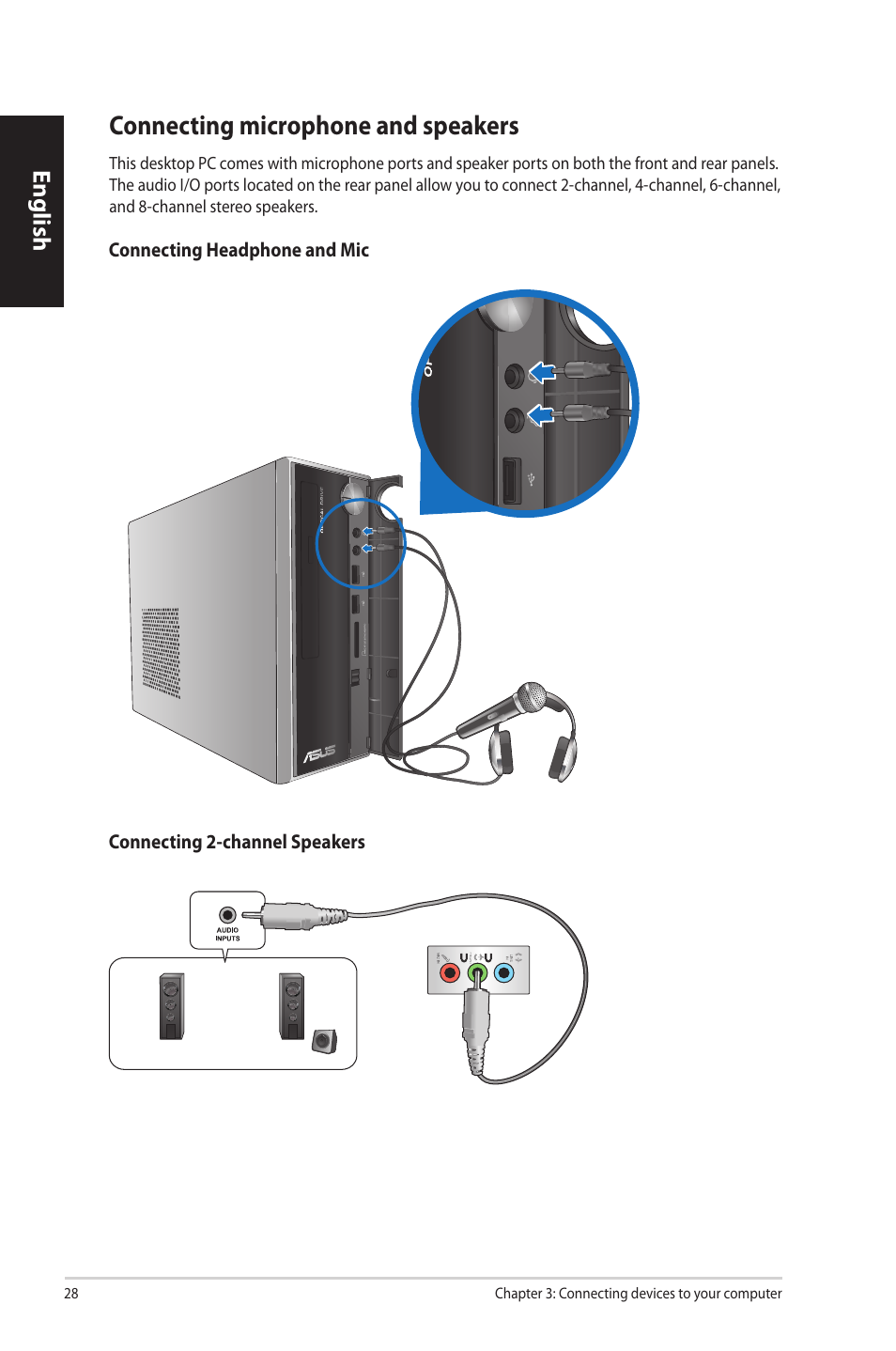 Connecting microphone and speakers, Connecting.microphone.and.speakers, English | Asus CP3130 User Manual | Page 30 / 342