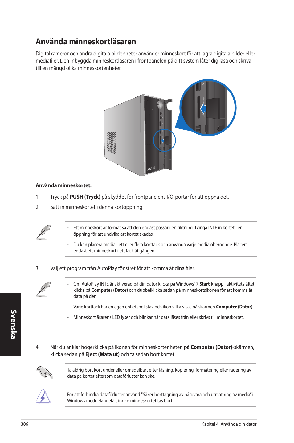 Använda minneskortläsaren, Använda.minneskortläsaren, Sv ensk a sv ensk a sv ensk a sv ensk a | Asus CP3130 User Manual | Page 308 / 342