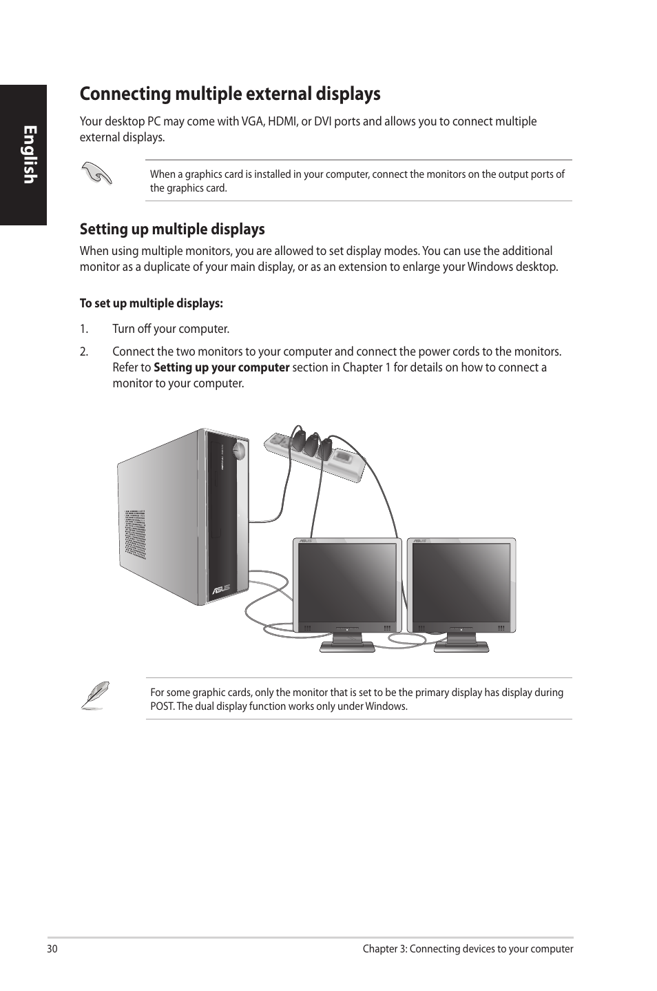 Connecting multiple external displays, Connecting.multiple.external.displays, English | Setting.up.multiple.displays | Asus CP3130 User Manual | Page 32 / 342