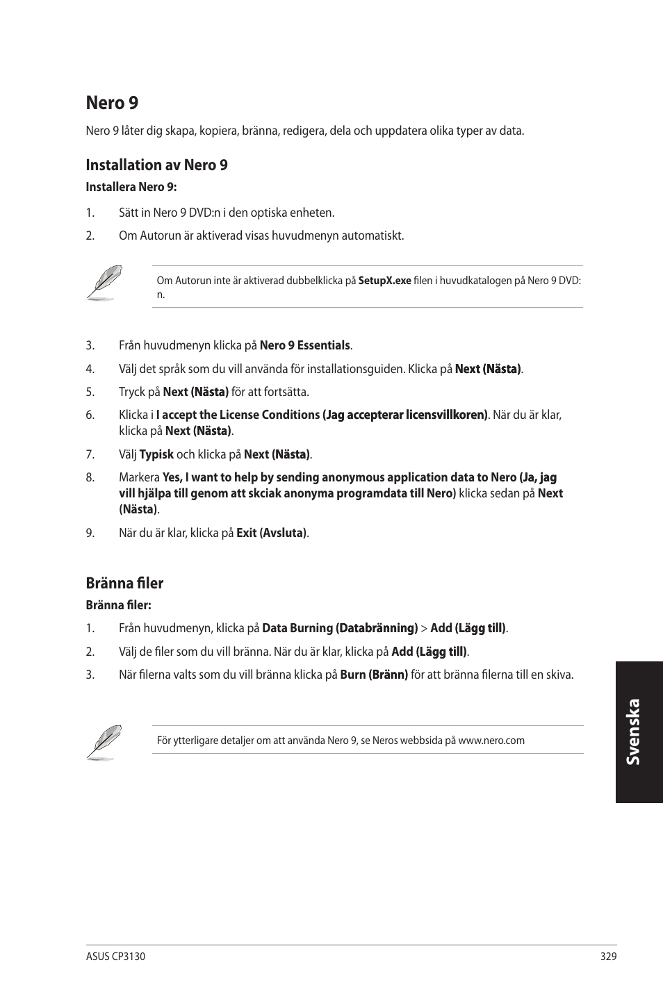 Nero 9, Nero.9, Sv ensk a sv ensk a | Installation.av.nero.9, Bränna.filer | Asus CP3130 User Manual | Page 331 / 342