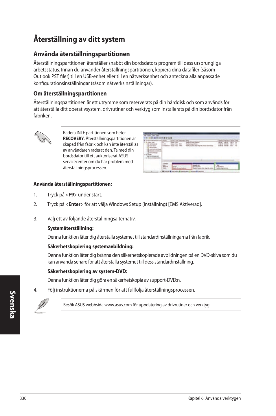 Återställning av ditt system, Återställning.av.ditt.system, Sv ensk a sv ensk a sv ensk a sv ensk a | Använda.återställningspartitionen | Asus CP3130 User Manual | Page 332 / 342