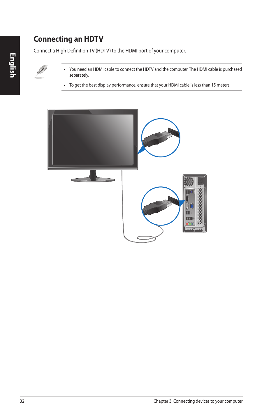 Connecting an hdtv, Connecting.an.hdtv, English | Asus CP3130 User Manual | Page 34 / 342