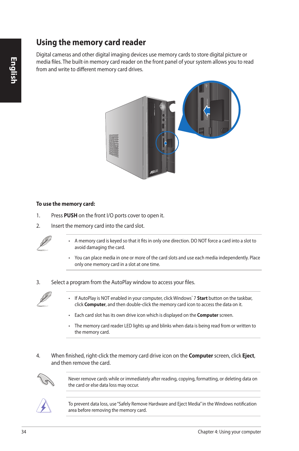 Using the memory card reader, English | Asus CP3130 User Manual | Page 36 / 342