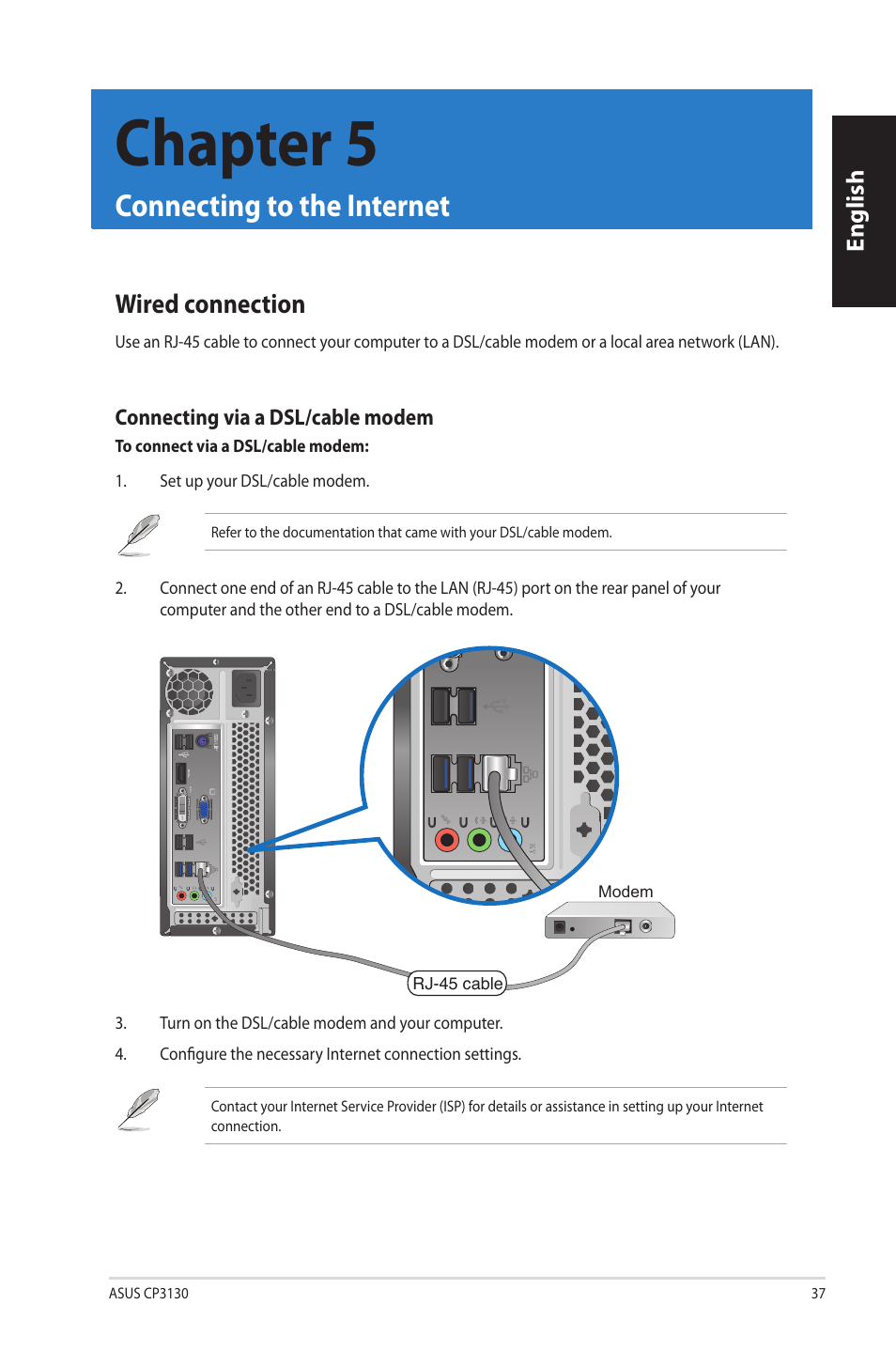 Chapter 5, Connecting to the internet, Wired connection | Chapter.5, Connecting.to.the.internet, Wired.connection, English | Asus CP3130 User Manual | Page 39 / 342